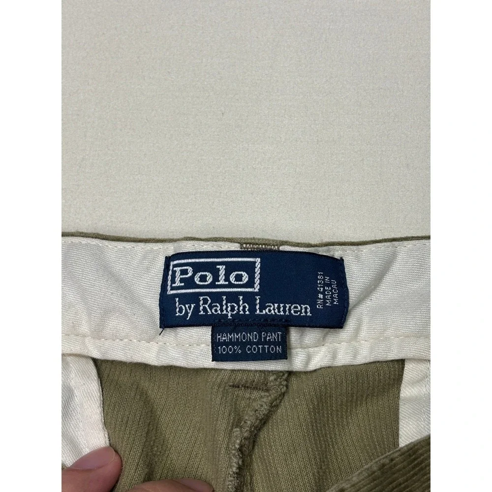 VTG Polo Ralph Lauren Hammond Pant Mens 34x30 Olive Green Corduroy Pleated